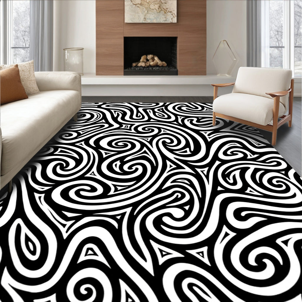 Black White Swirl And Triangle Pattern Rug