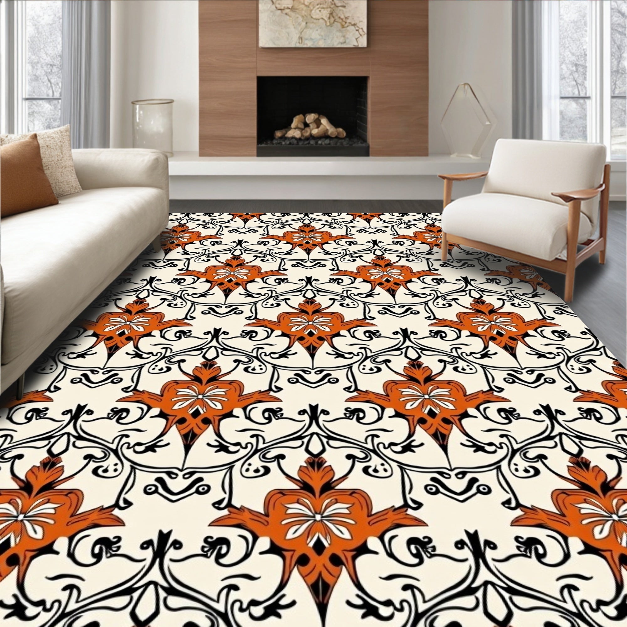 Floral Damask Patterned Cream Rug
