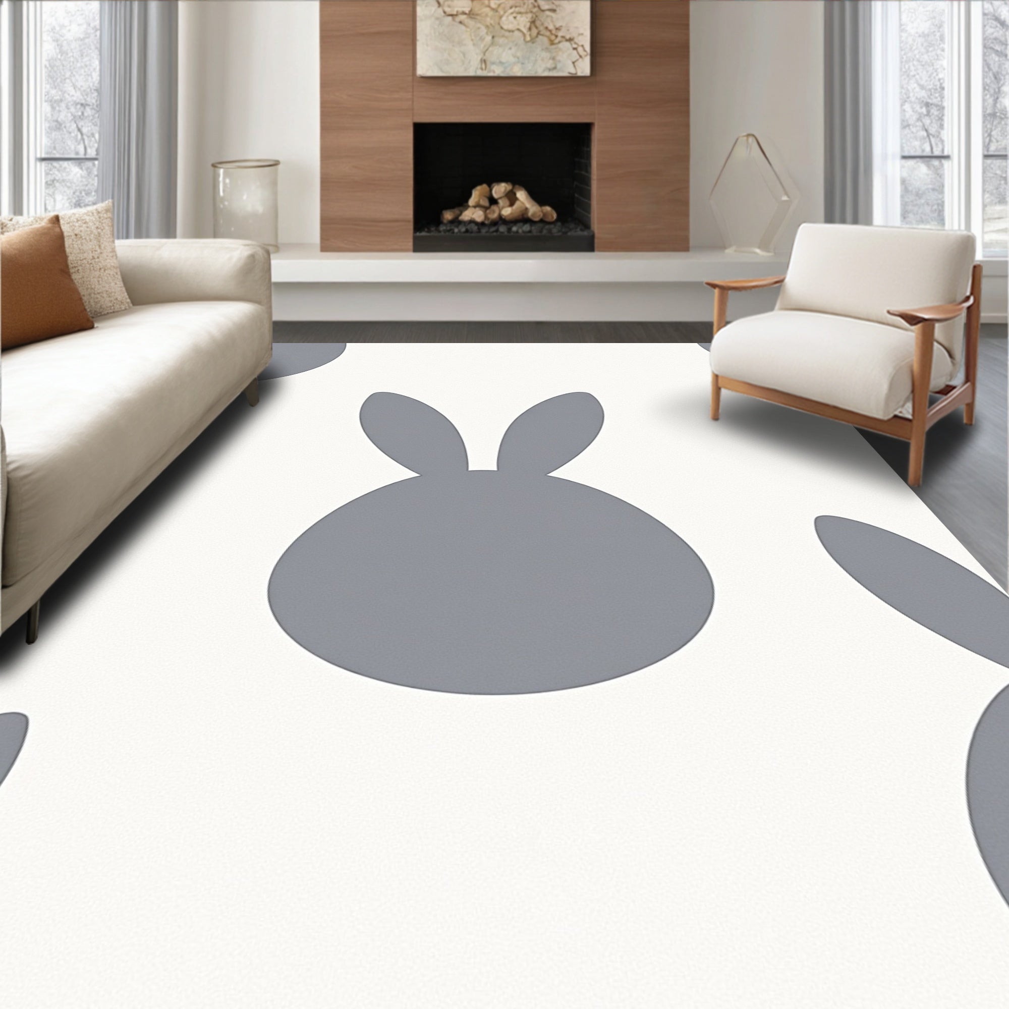 Cute Grey Bunny Pattern Design Rug