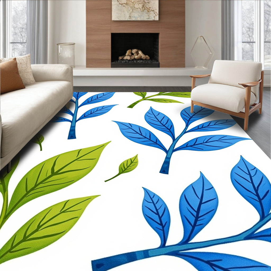Delicate Blue Green Leaf Pattern Rug