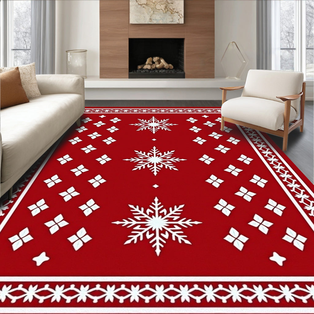 Red Snowflake Patterned Festive Rug