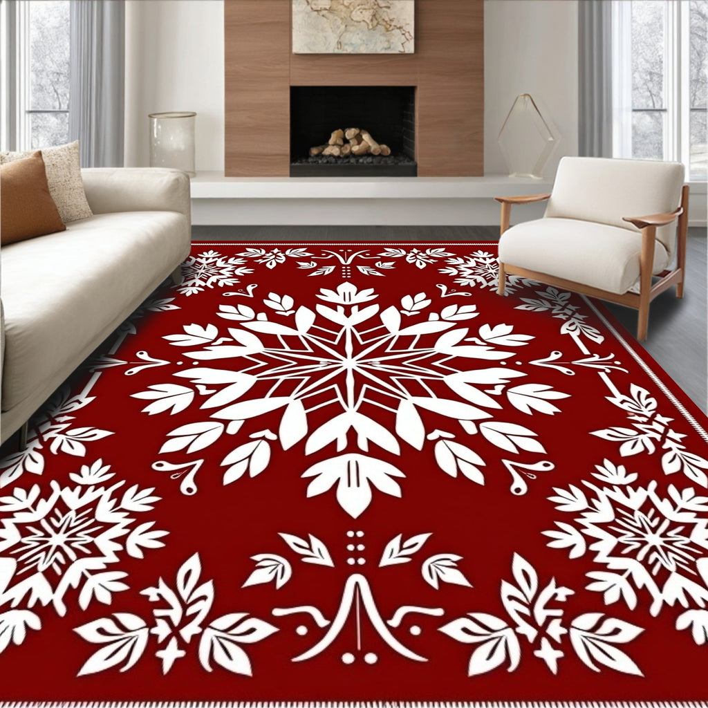 Red Floral Snowflake Mandala Design Rug