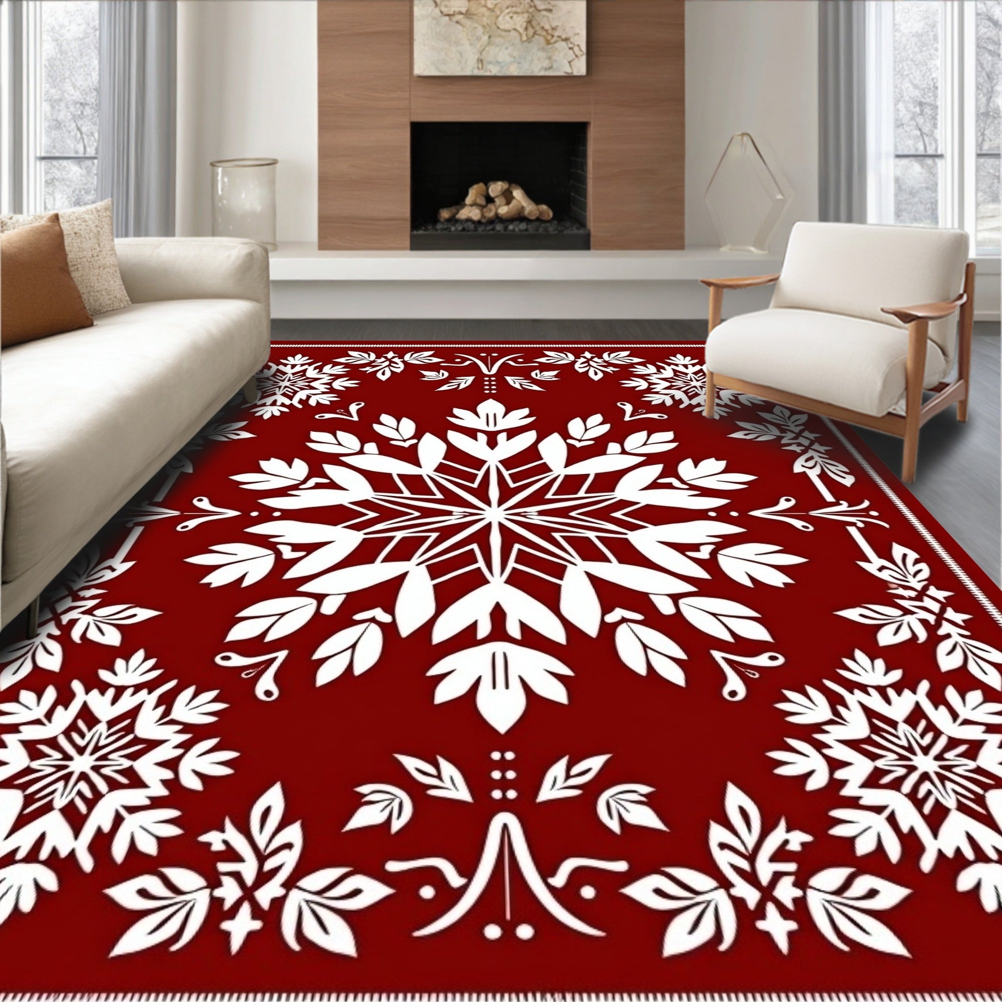 Red Floral Snowflake Mandala Design Rug