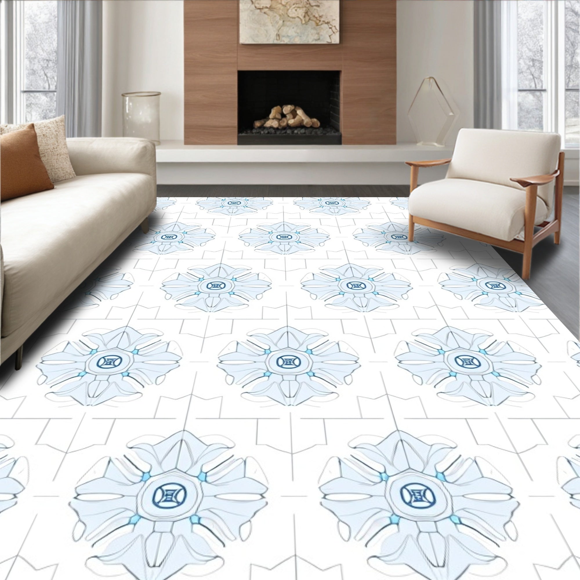 Light Blue Floral Geometric Design Rug