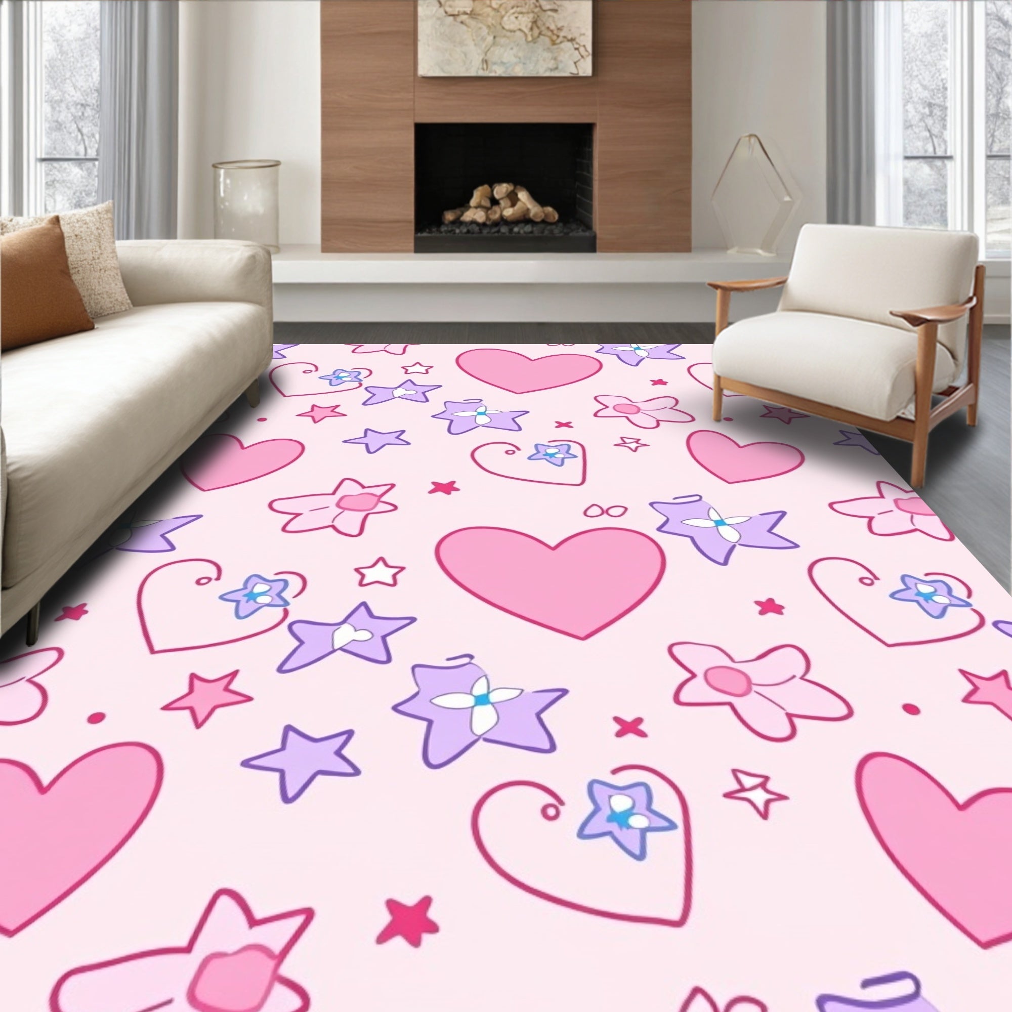 Pink Hearts and Stars Pattern Rug