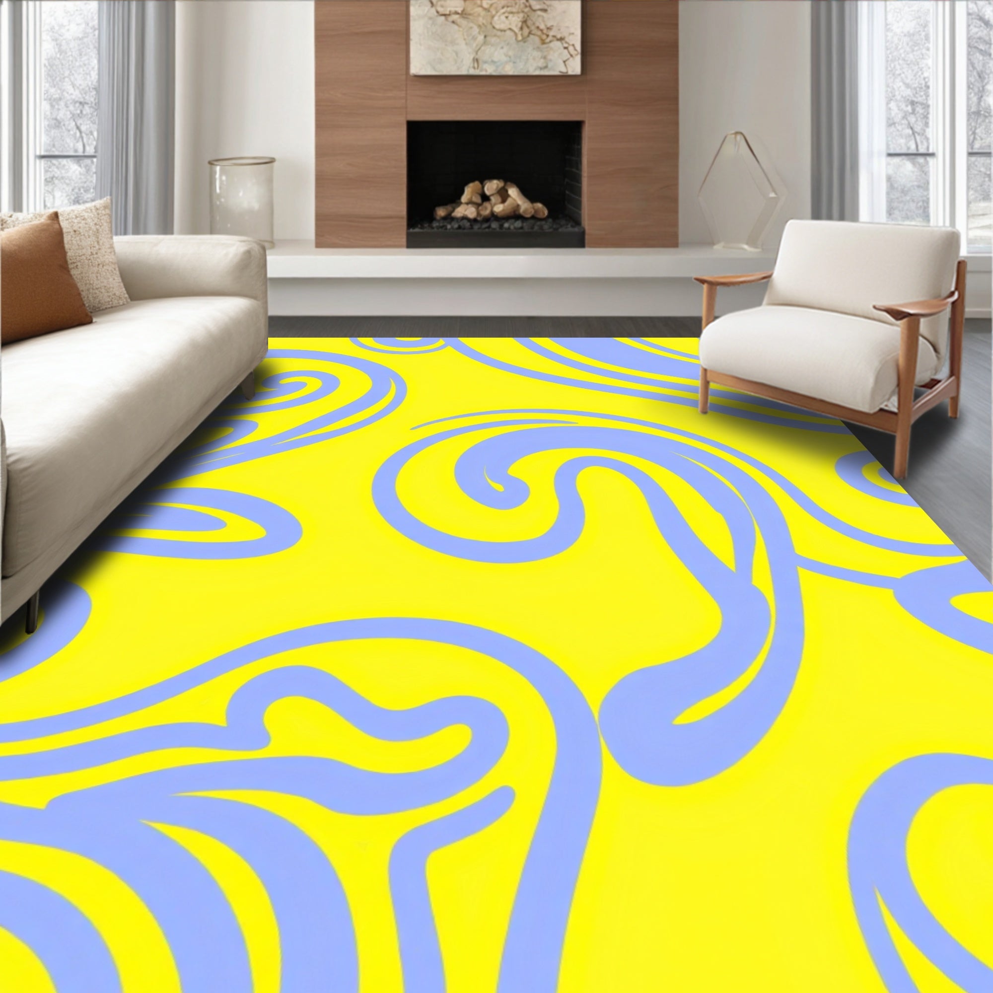Vibrant Yellow Lilac Swirl Pattern Rug