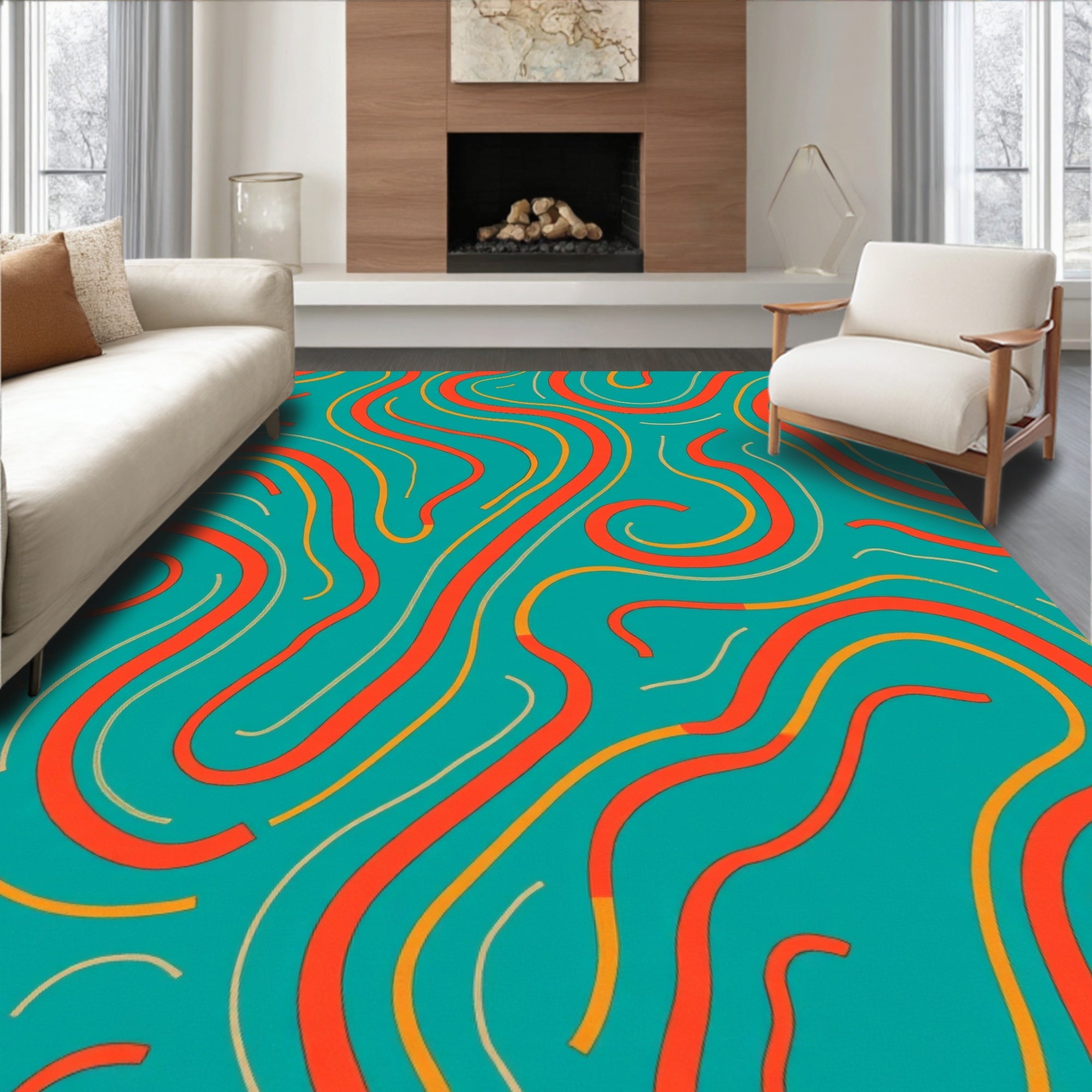 Abstract Swirls Red Teal Design Rug