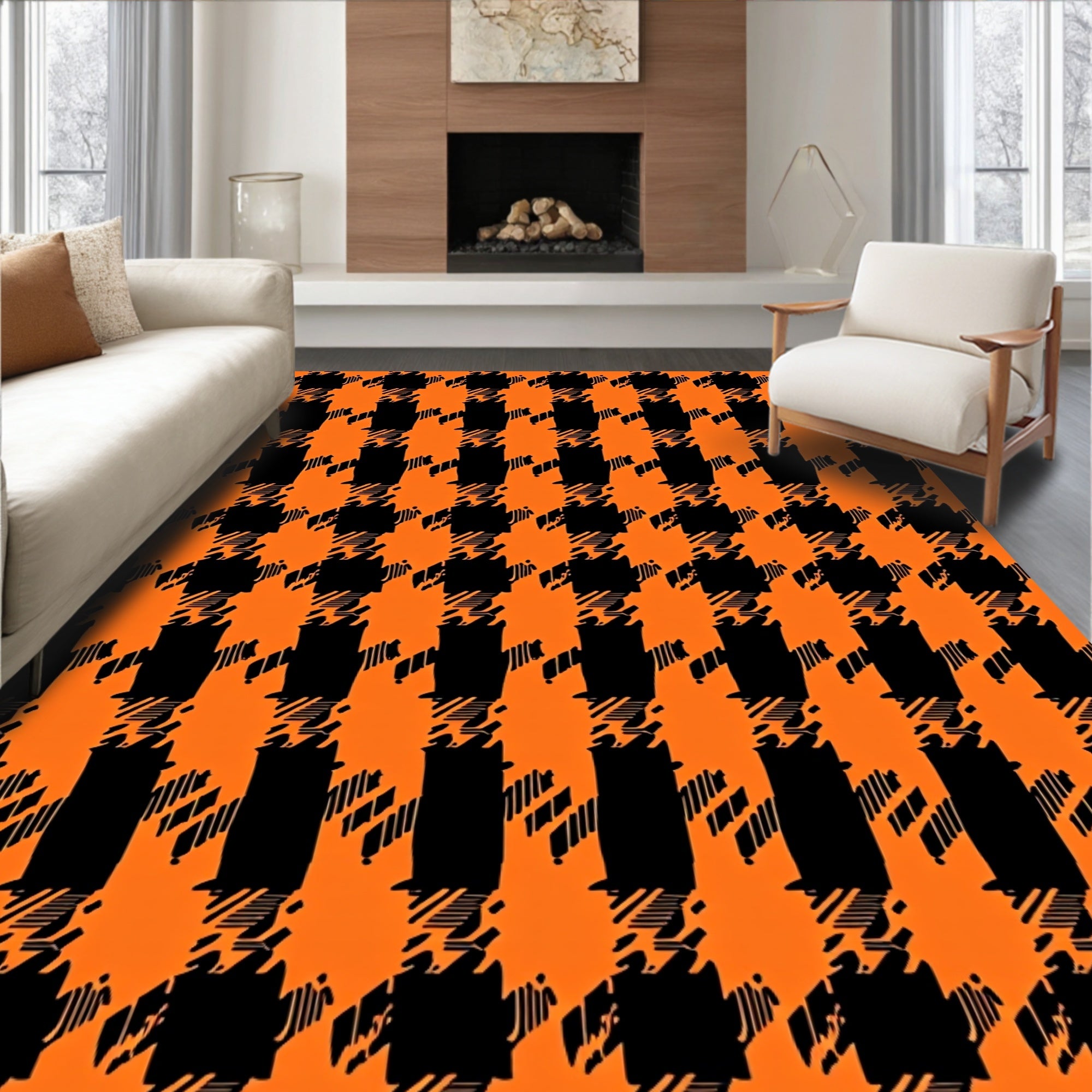 Bold Orange Black Houndstooth Pattern Rug