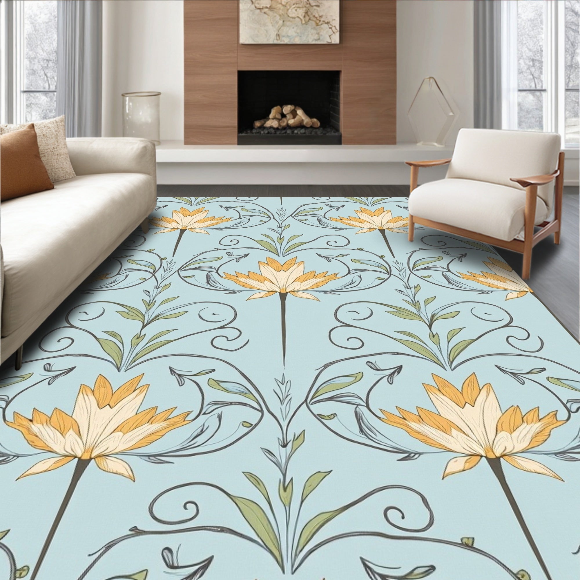 Light Blue Floral Art Nouveau Rug