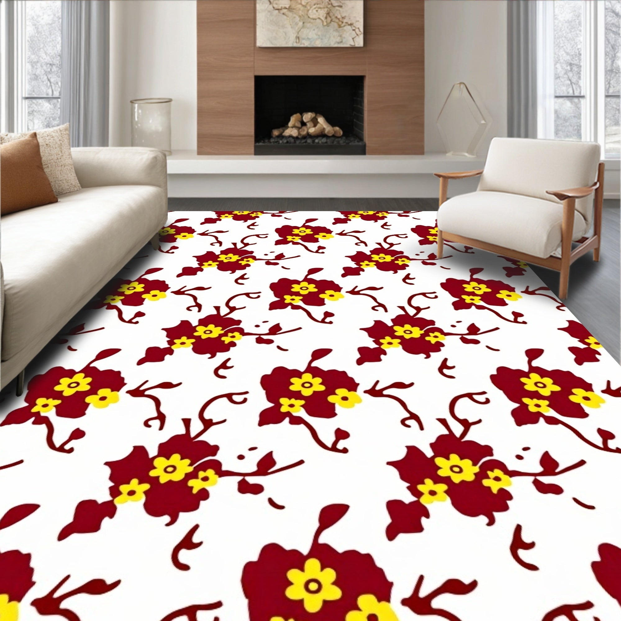 Red Floral Branch Pattern Design Rug