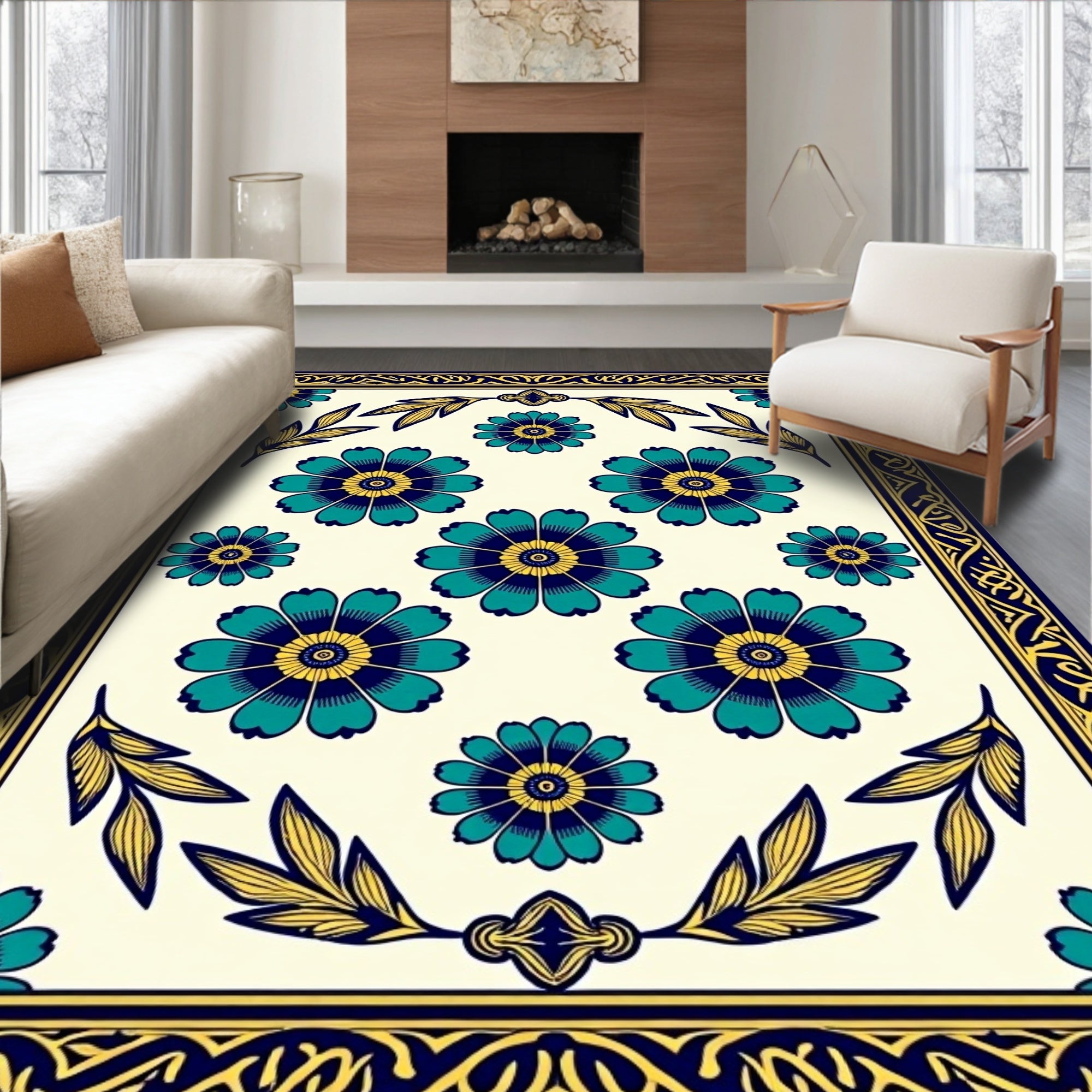 Floral Patterned Navy Teal Yellow Rug