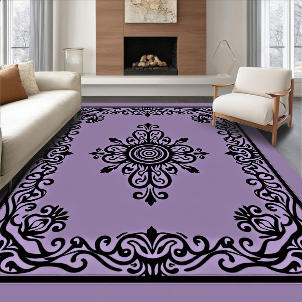 Elegant Black Floral Scrollwork Pattern Rug