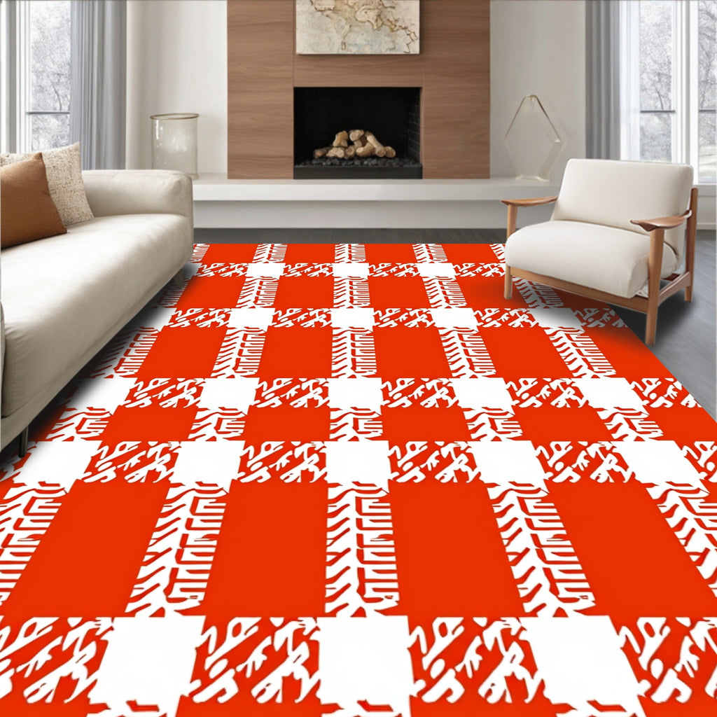 Bold Red Checked Abstract Pattern Rug