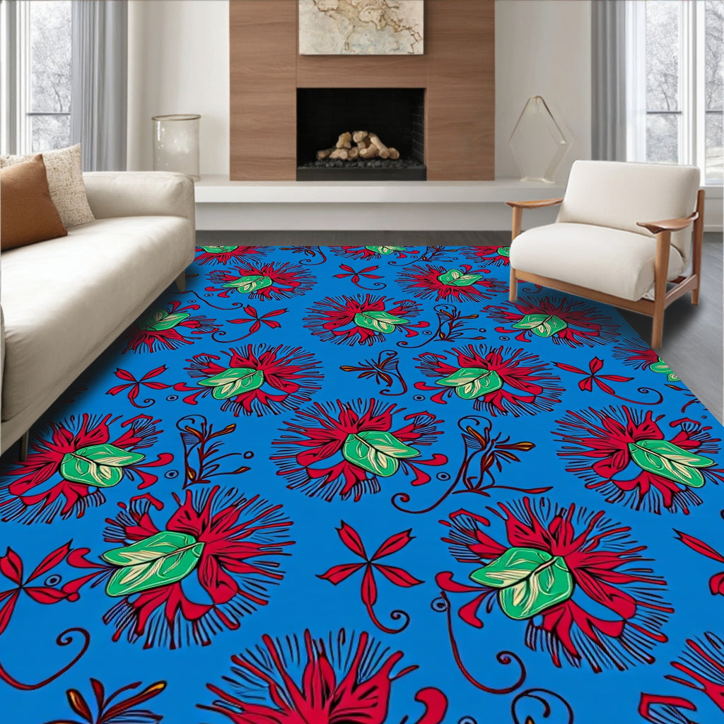 Red Passion Flower Blue Pattern Rug