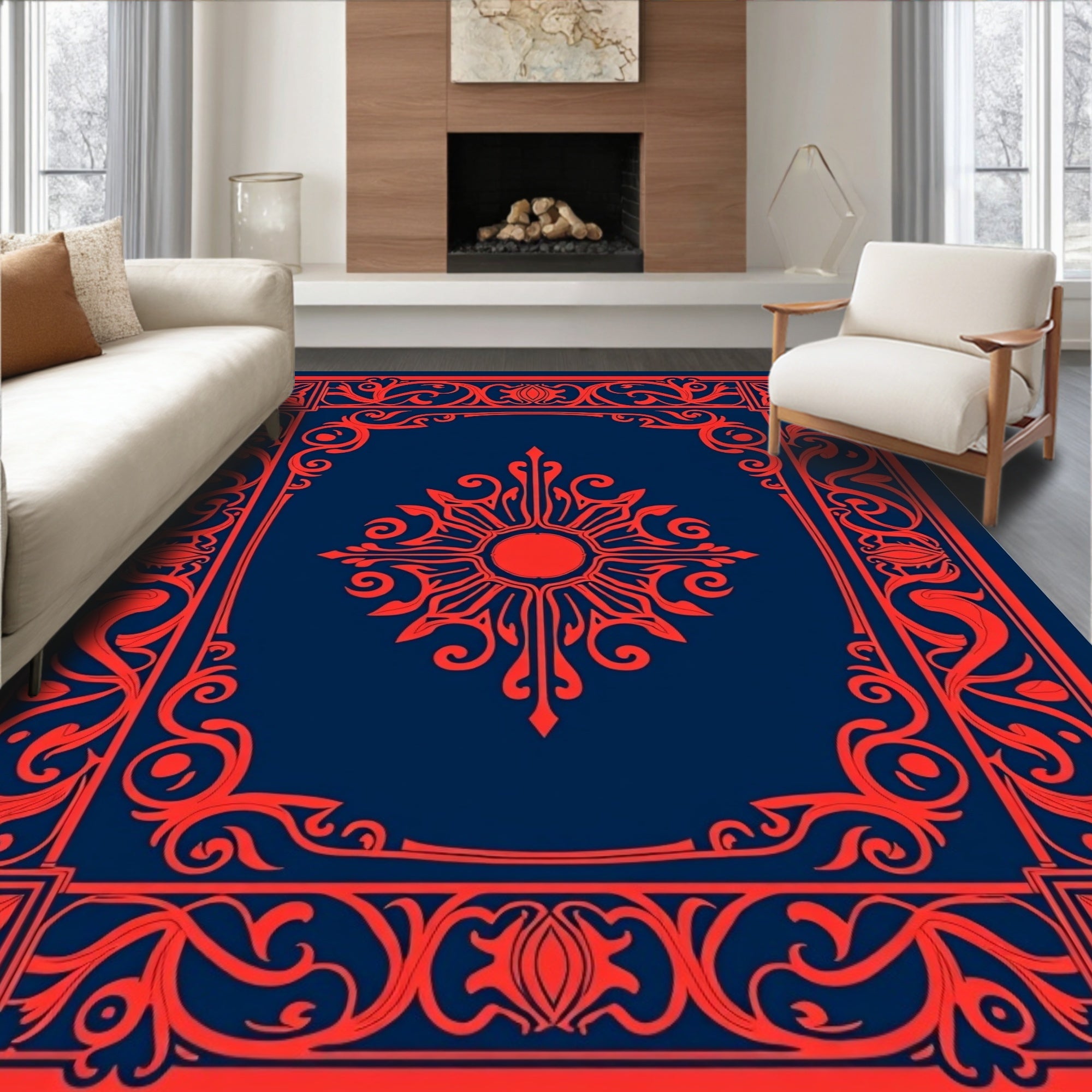 Intricate Red Blue Sunburst Floral Border Rug