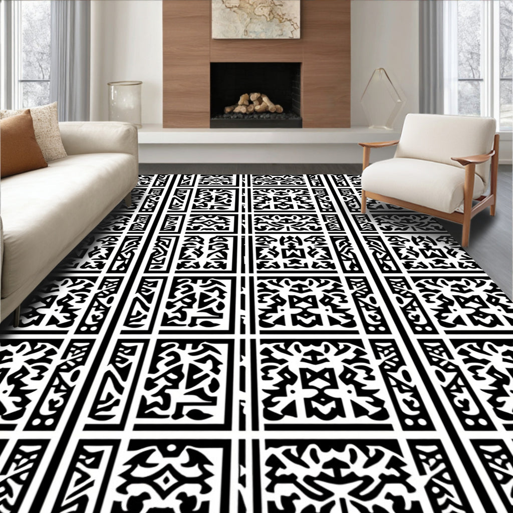 Bold Geometric Patterned Black White Design Rug