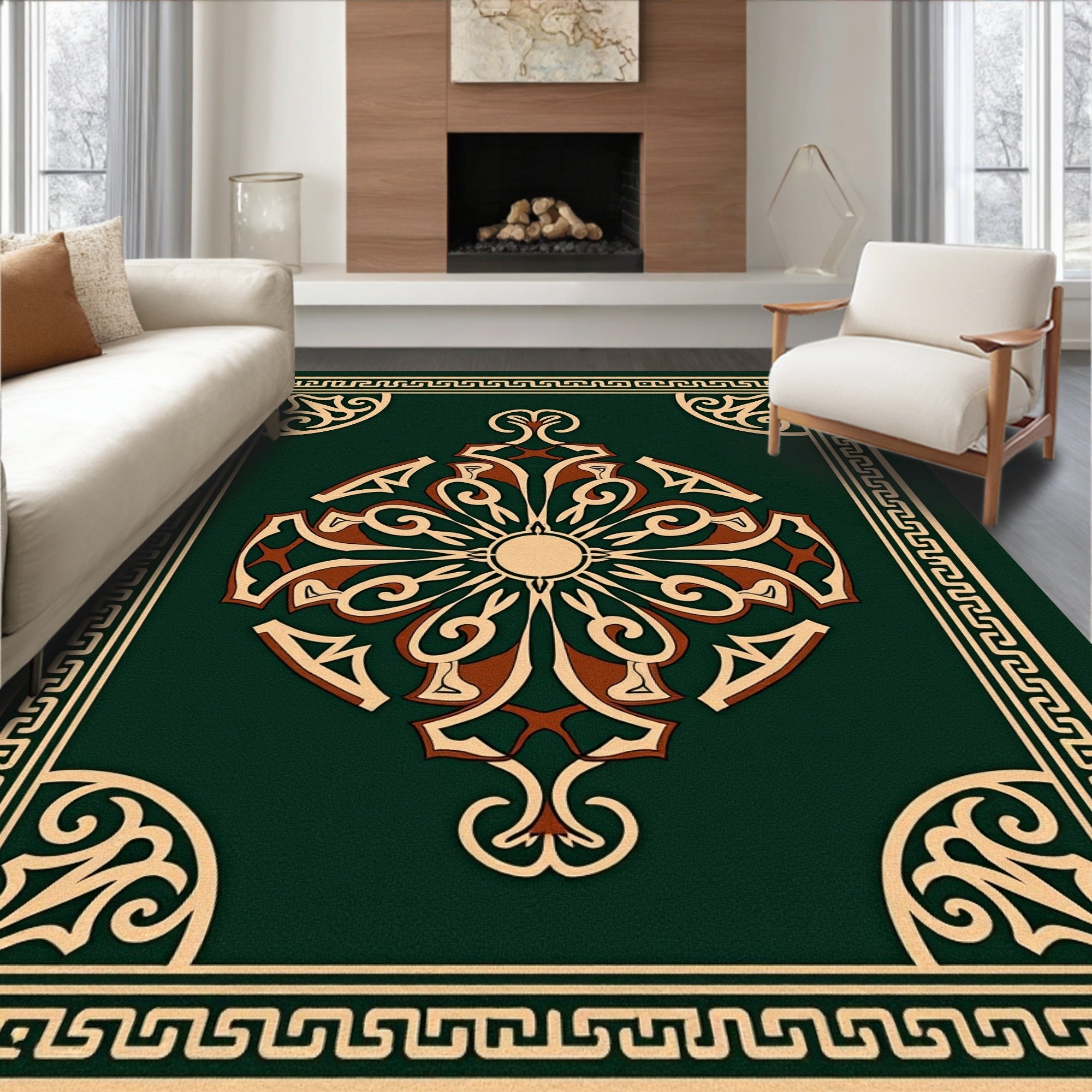 Emerald Green Sunburst Bordered Rug