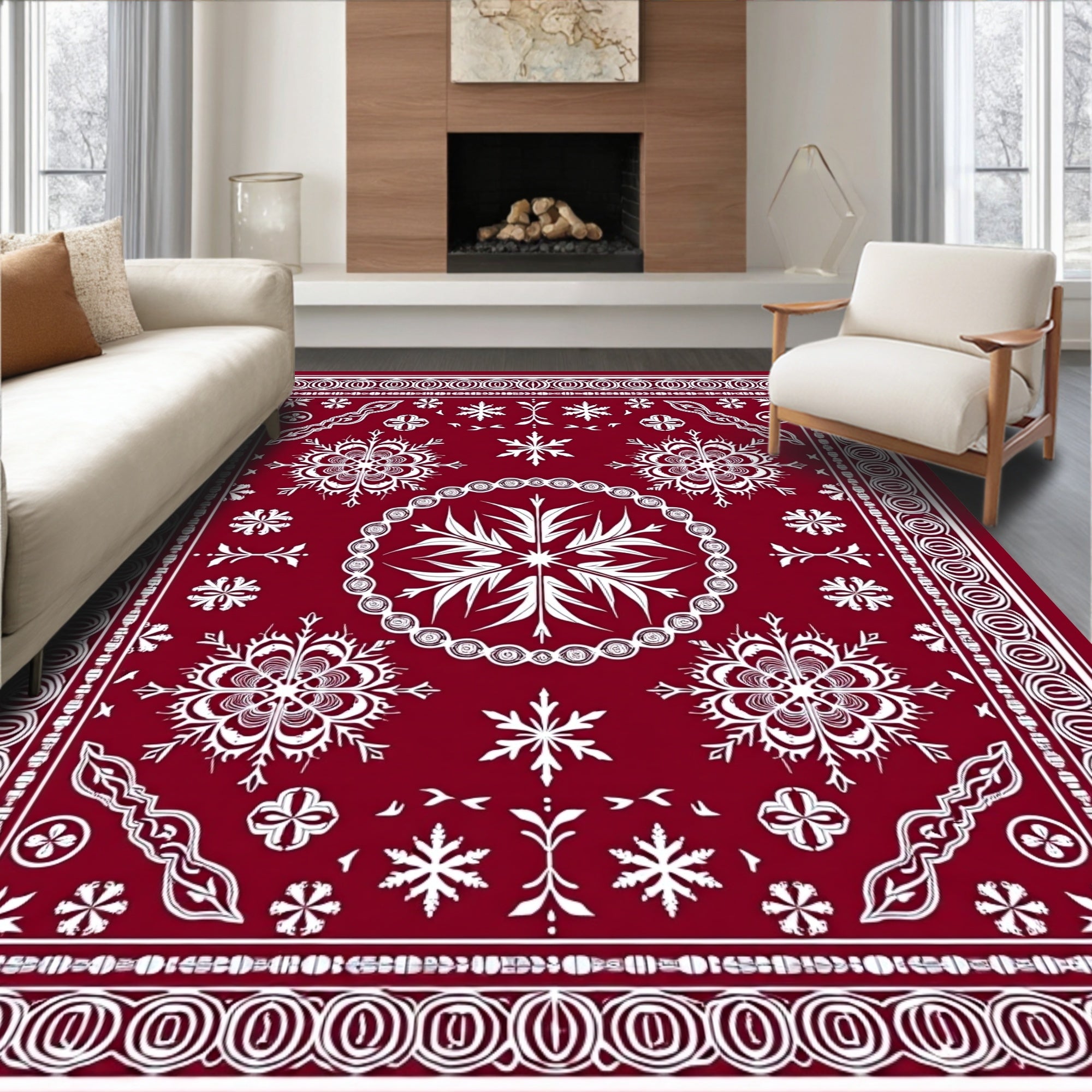 Rich Red Snowflake Pattern Rug