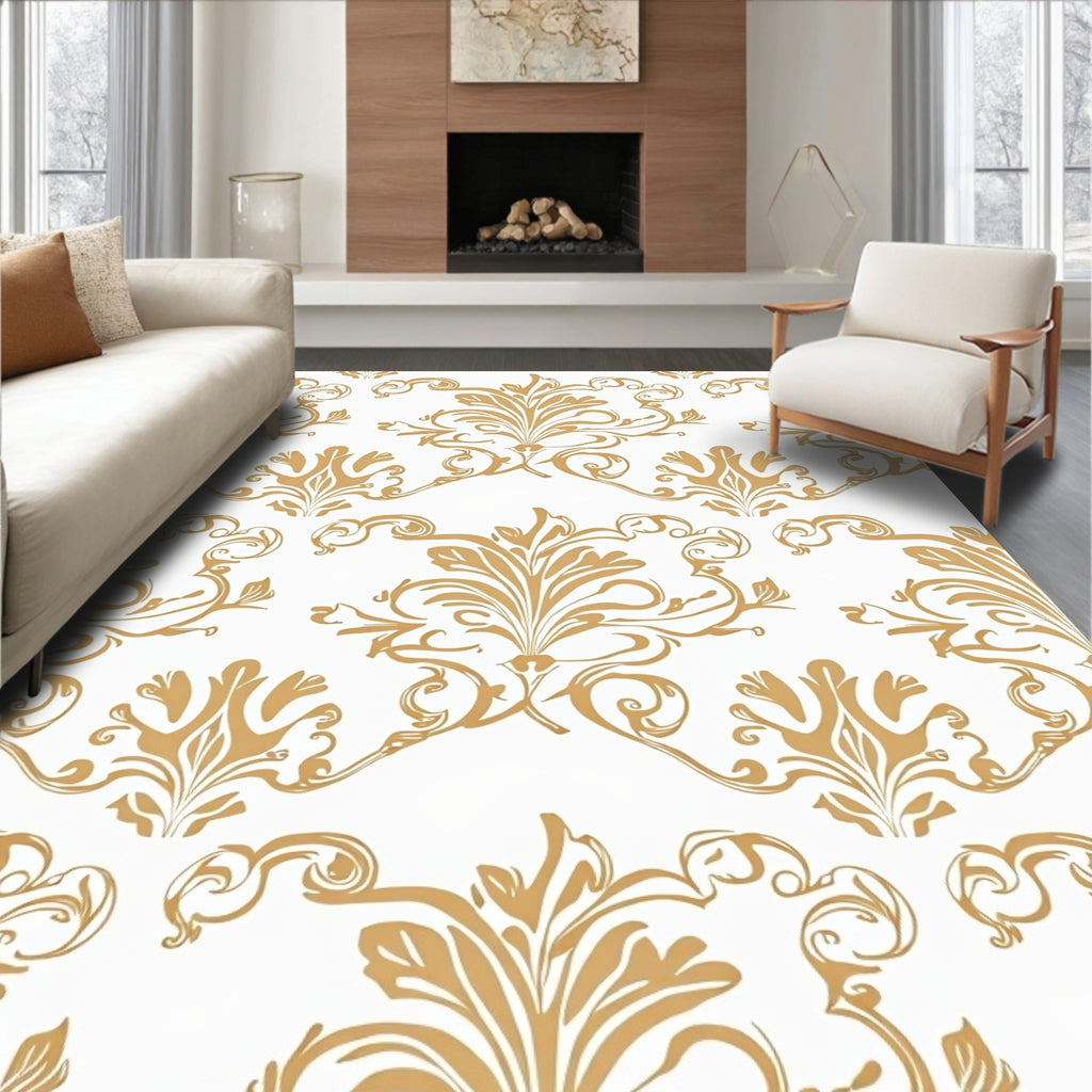Gold Floral Scroll Damask Rug