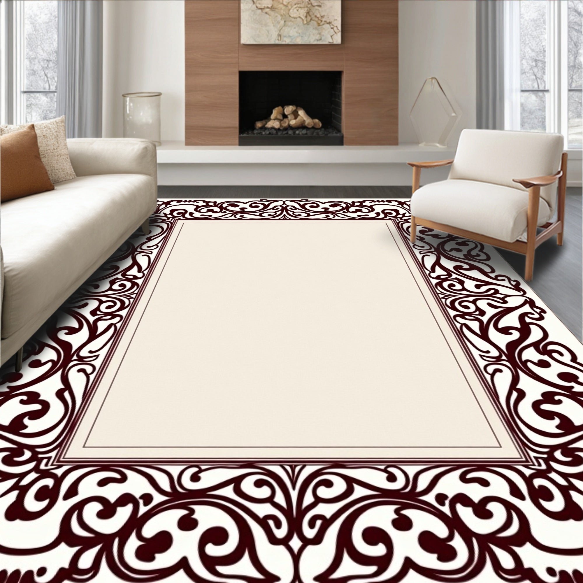 Ornate Baroque Scrollwork Border Design Rug