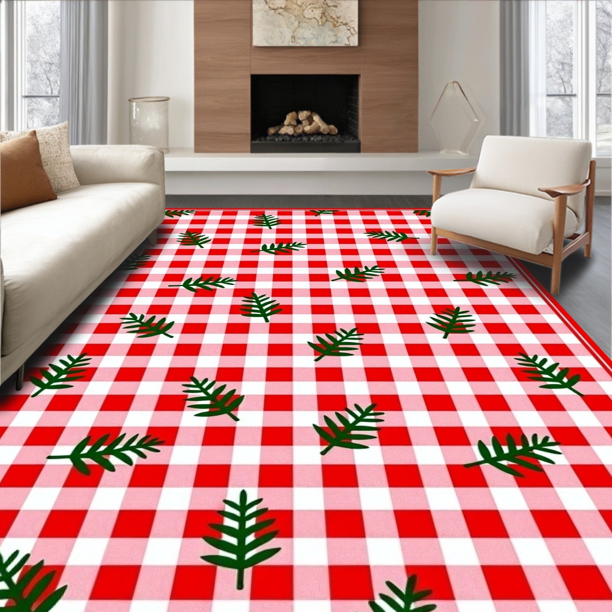 Red White Gingham Leaf Pattern Rug