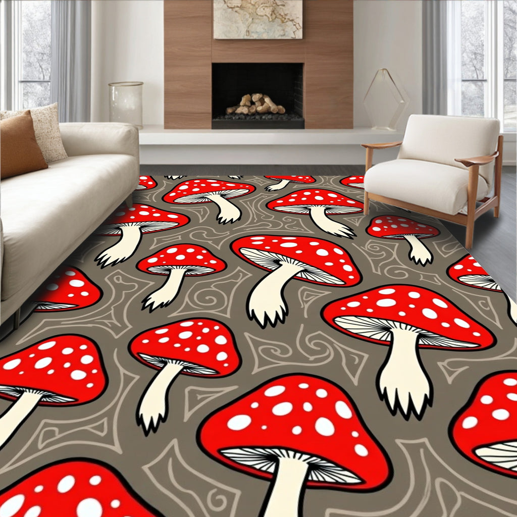 Whimsical Red Mushroom Pattern Rug