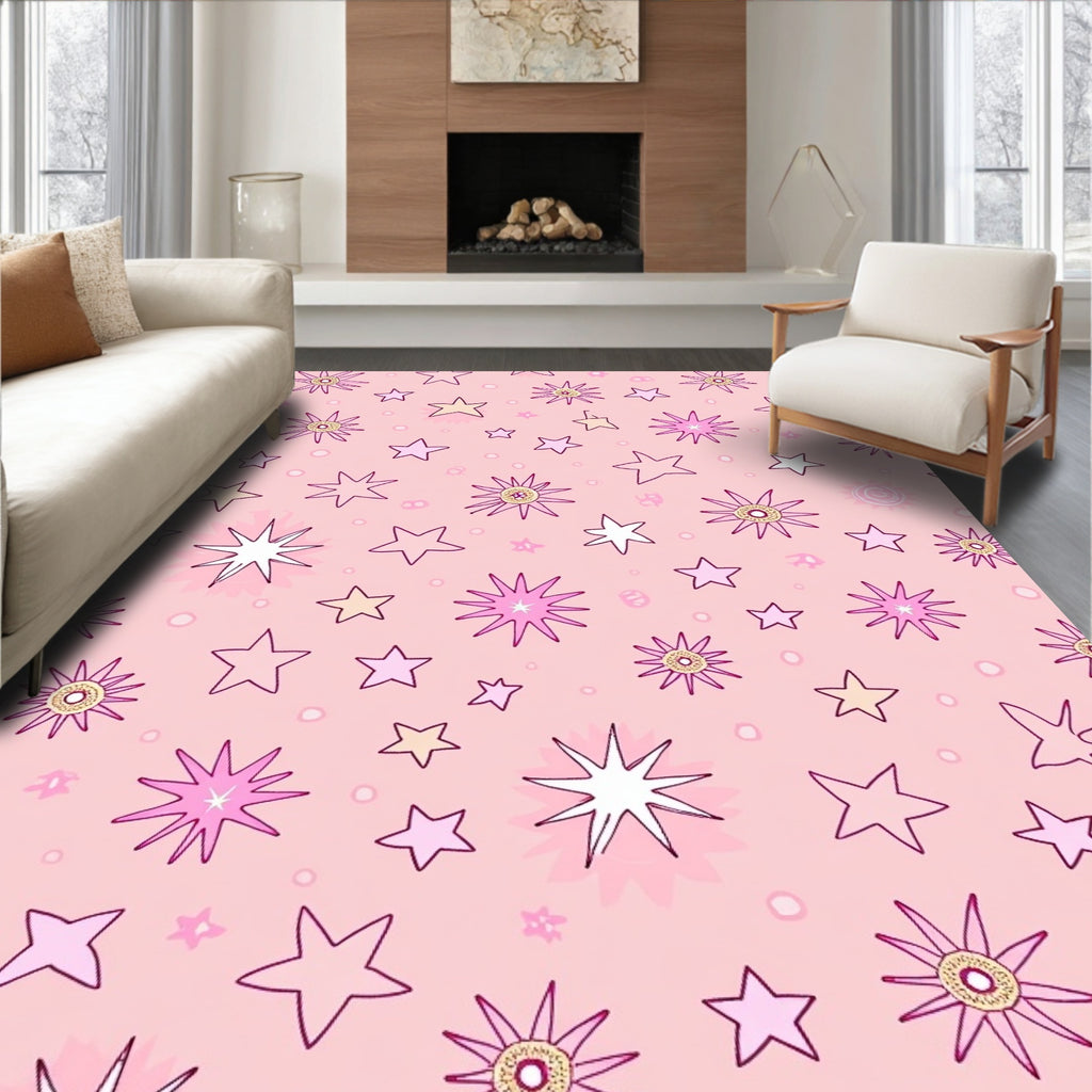 Pink Starburst and Floral Pattern Rug