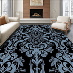 Classic Black Blue Damask Pattern Rug