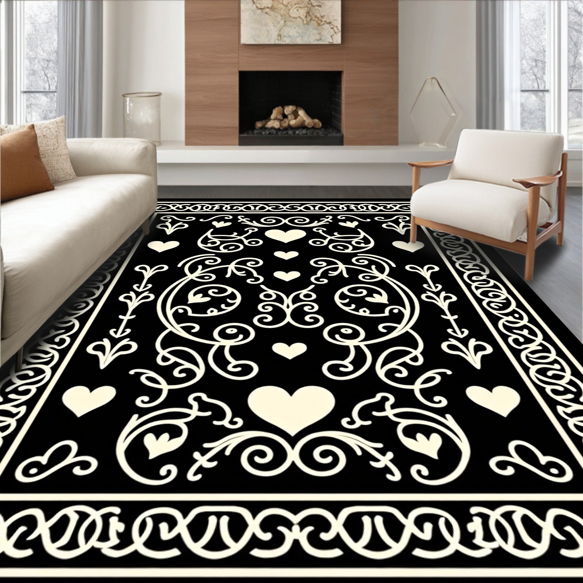 Cream Hearts Scrollwork Black Rug