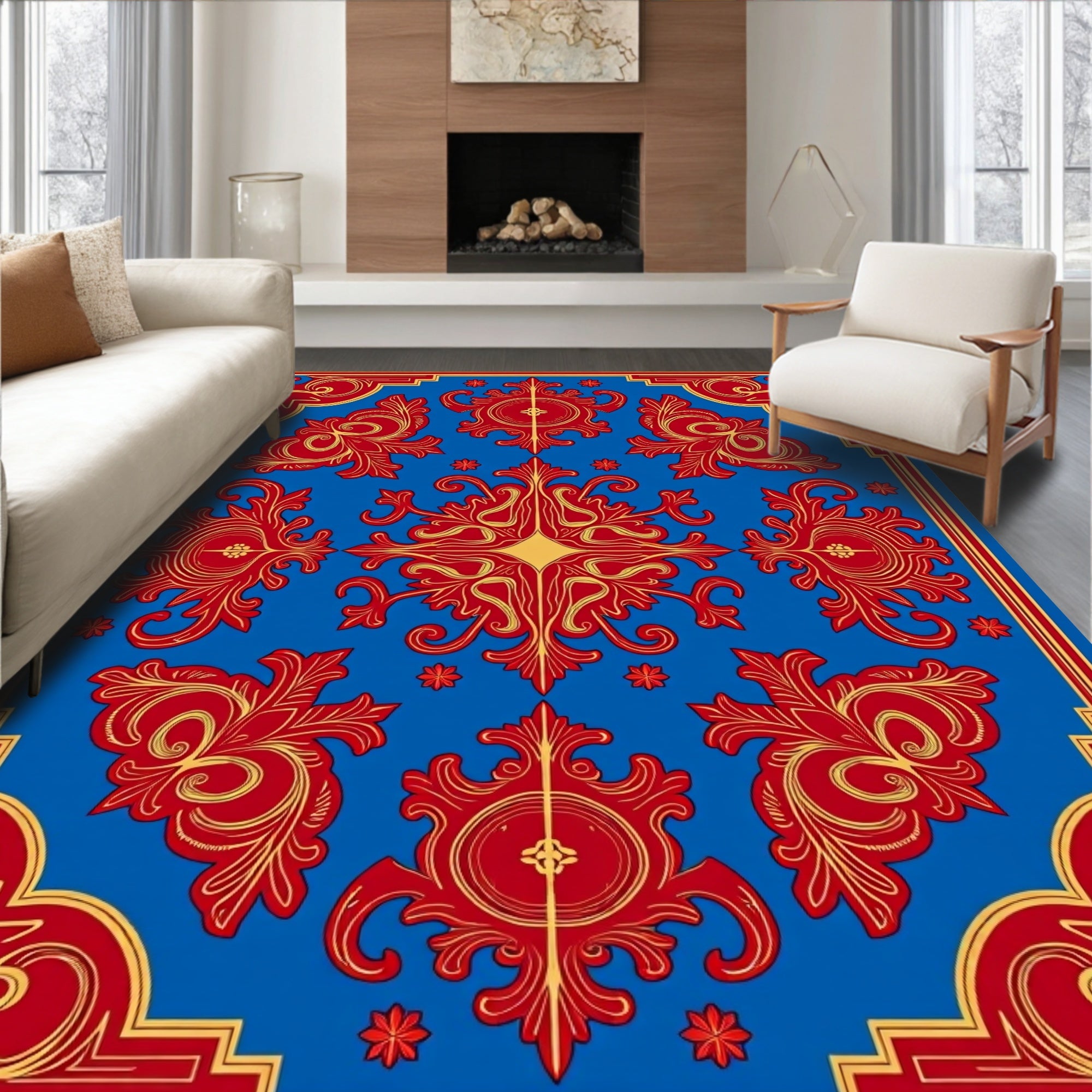 Royal Blue Red Gold Rococo Pattern Rug