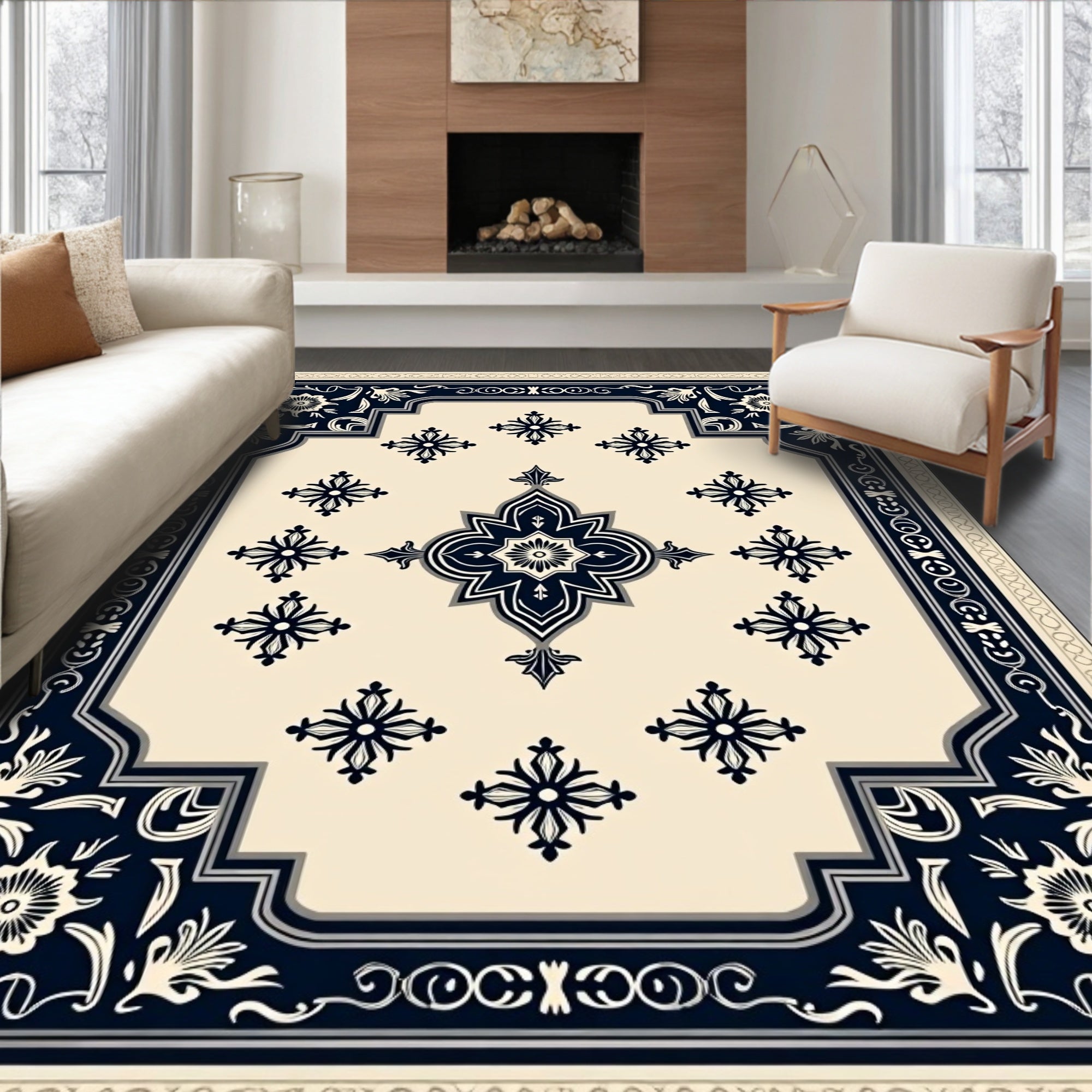 Cream Navy Floral Medallion Rug