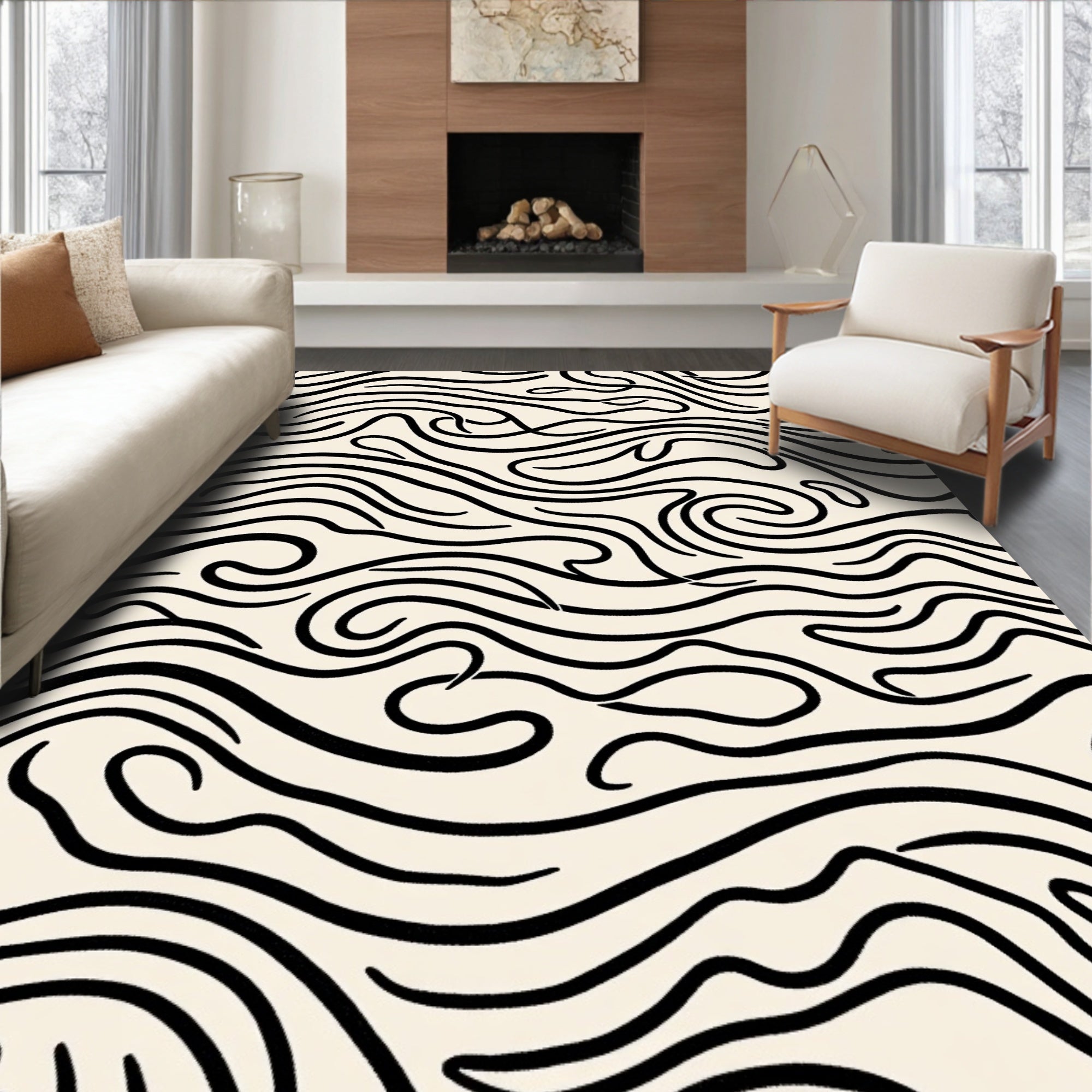 Fluid Black Lines Abstract Pattern Rug
