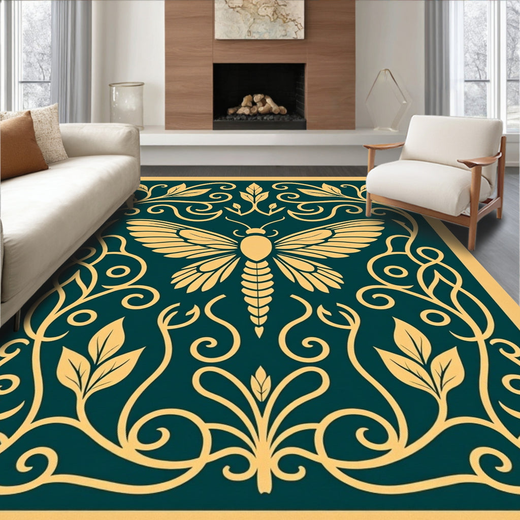 Golden Moth Floral Scroll Design Rug