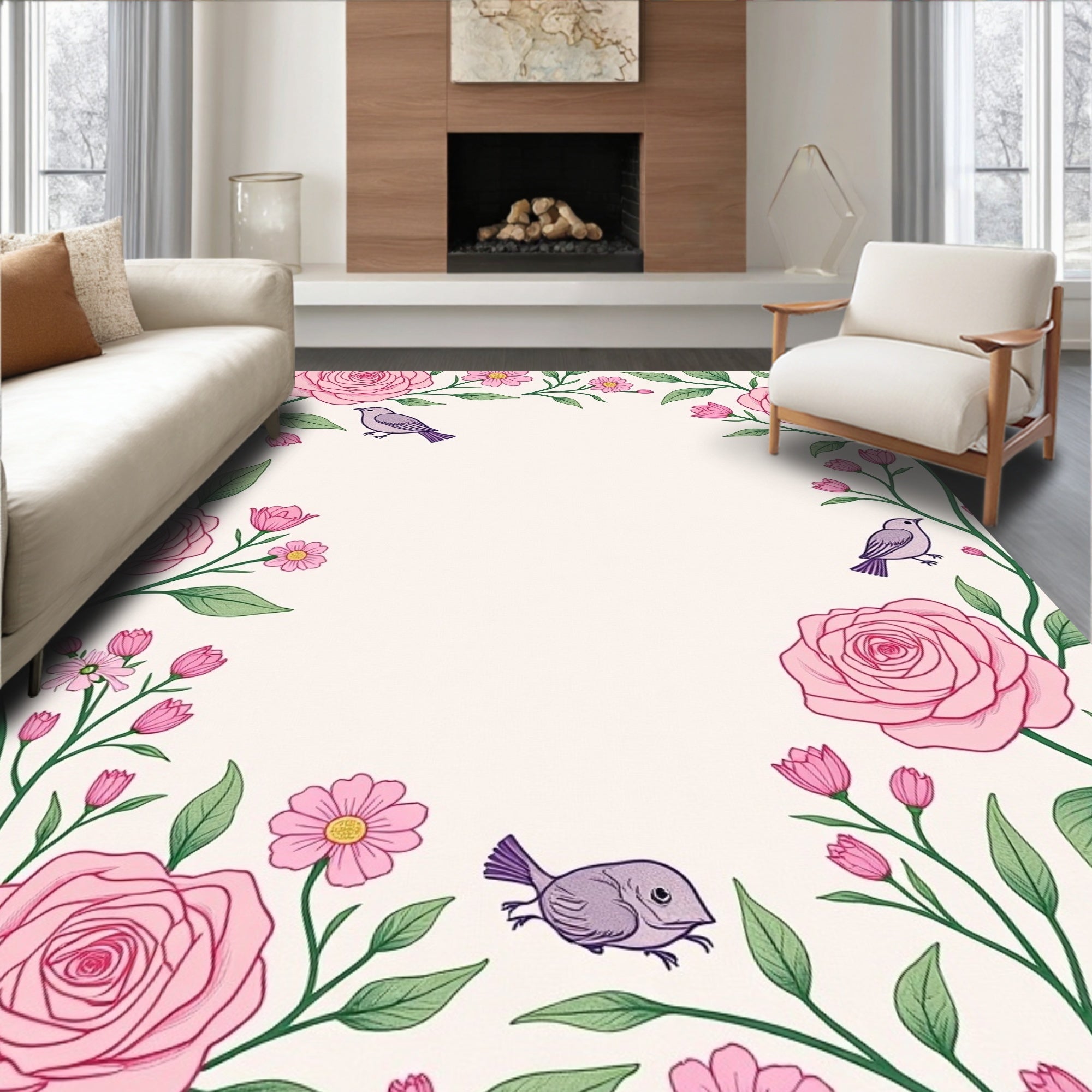 Pink Rose and Bird Garden Design Rug