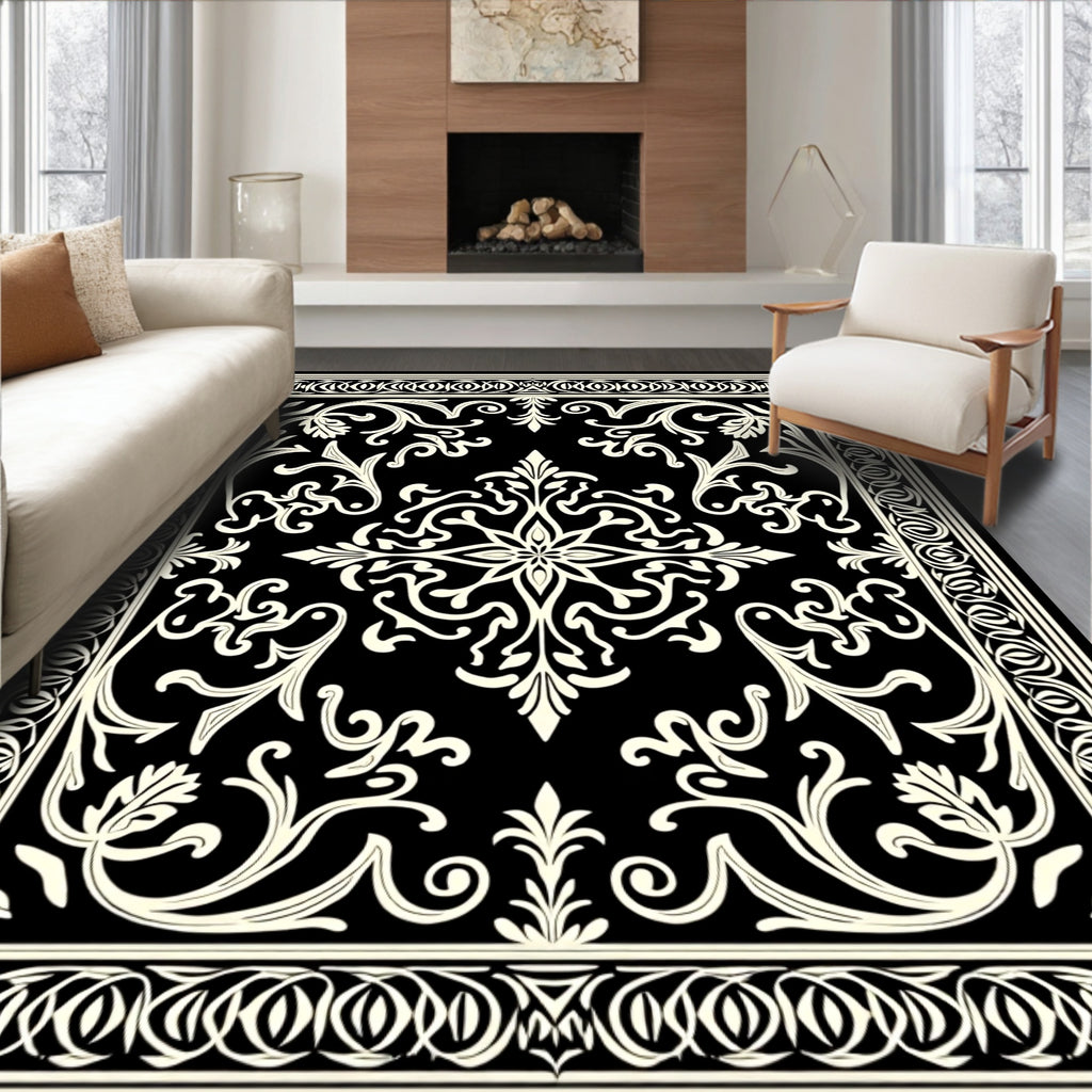 Classic Black Cream Scrollwork Motif Rug