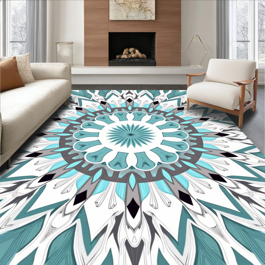 Mandala Teal Gray Geometric Art Rug
