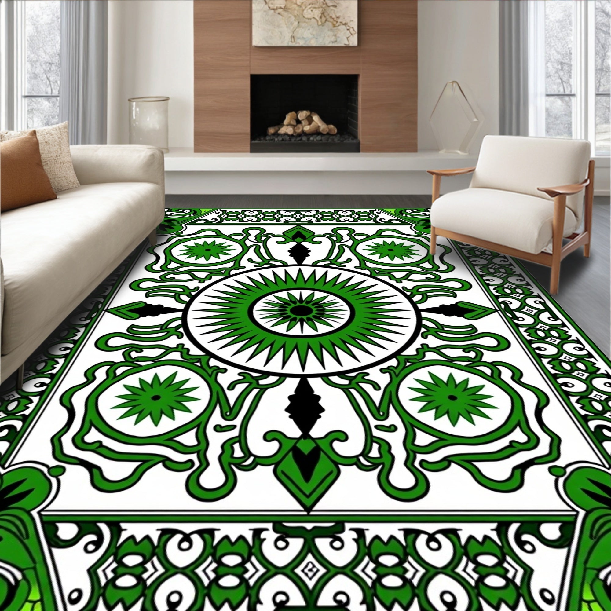 Intricate Green Sunburst Pattern Rug