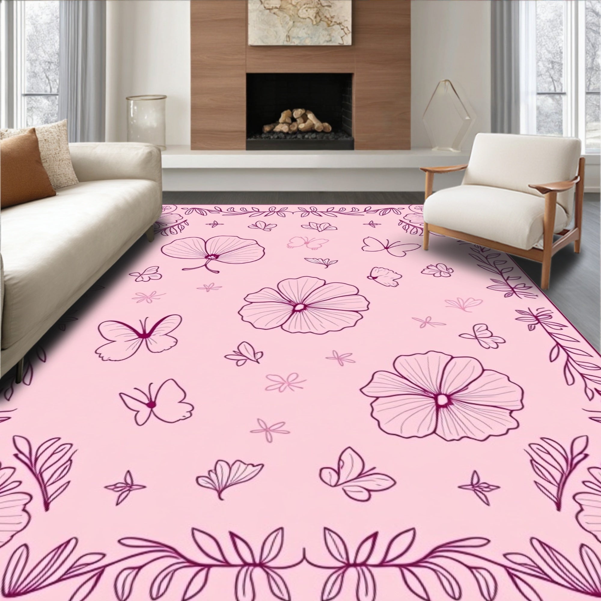 Floral Butterfly Patterned Pink Rug