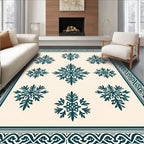Dark Teal Snowflake Patterned Bordered Rug