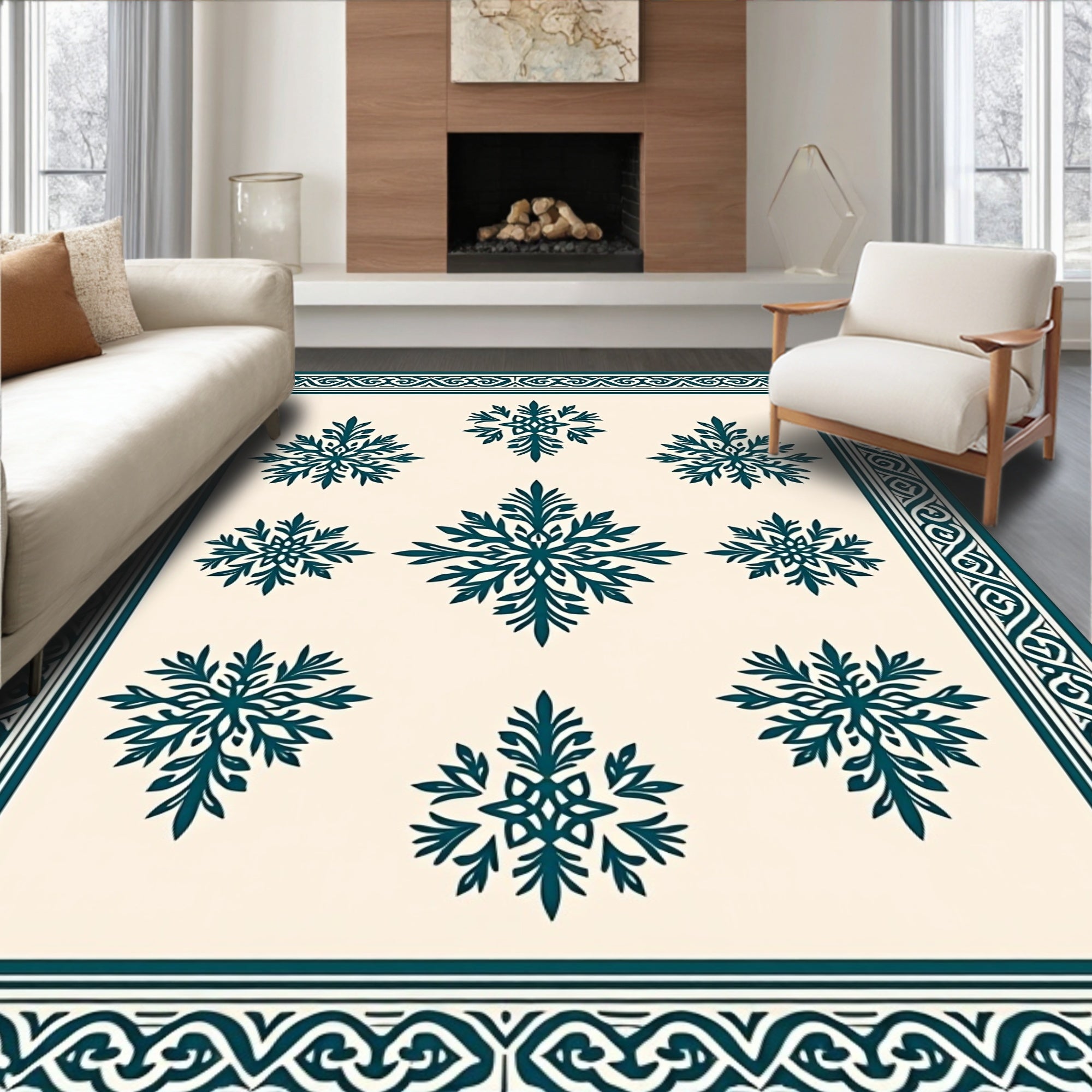 Dark Teal Snowflake Patterned Bordered Rug
