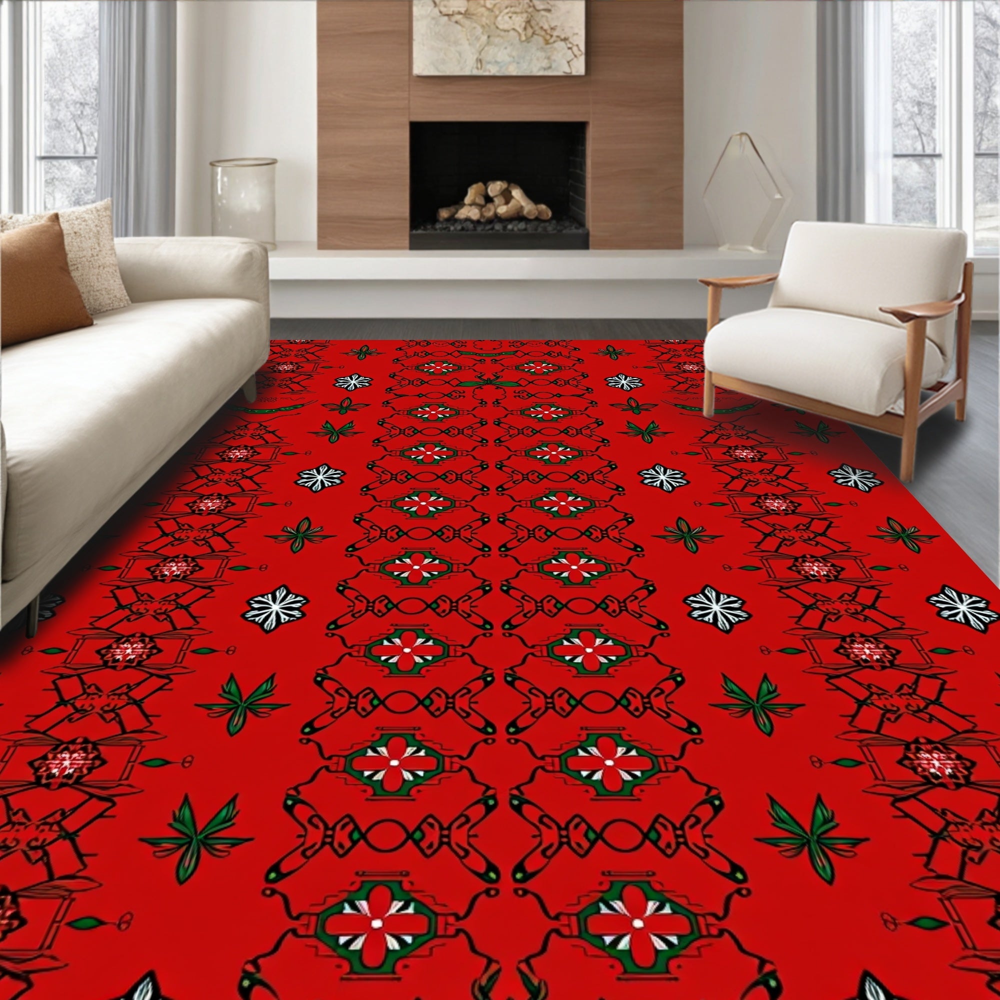 Bold Red Geometric Floral Pattern Rug