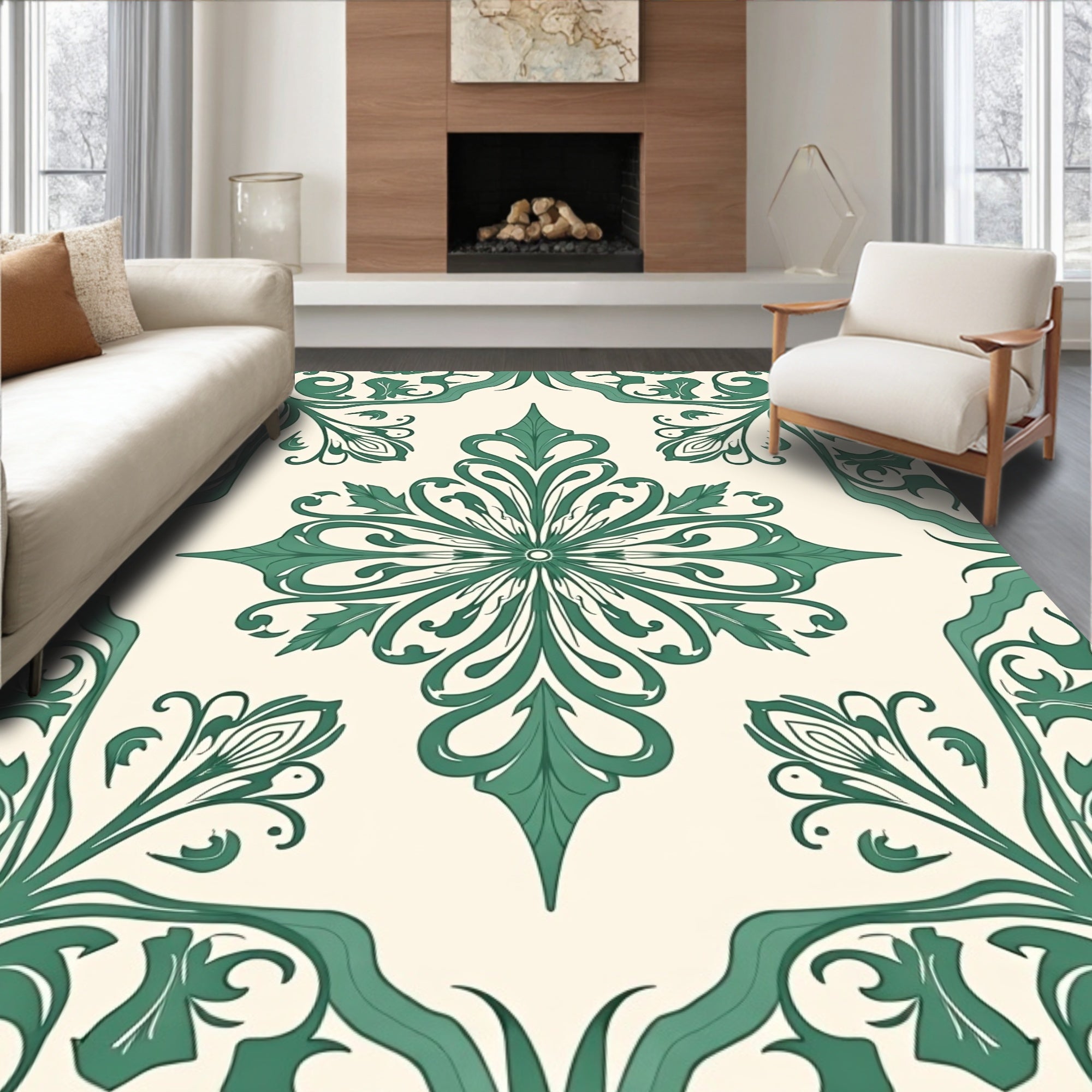 Ornate Green Floral Pattern Rug