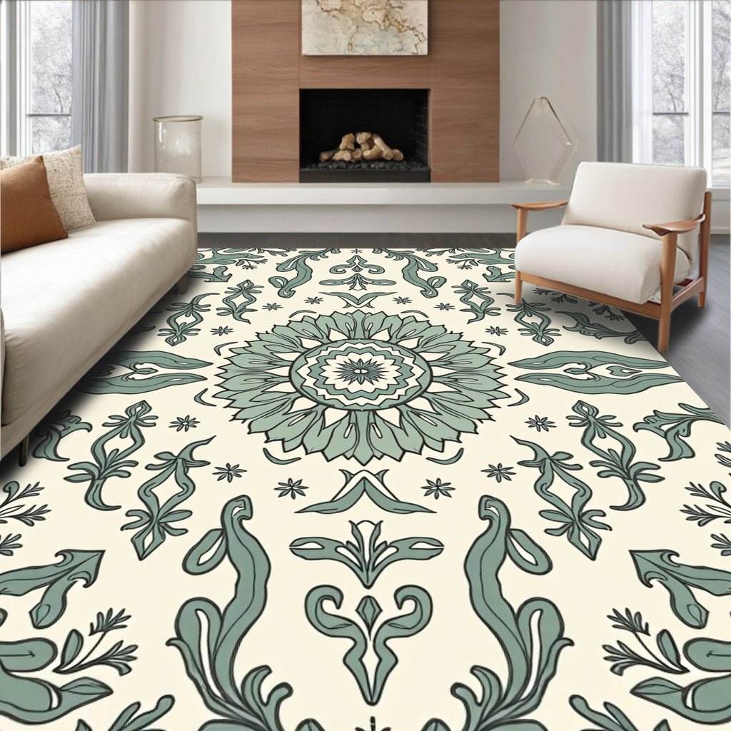 Damask Inspired Floral Scrollwork Design Rug