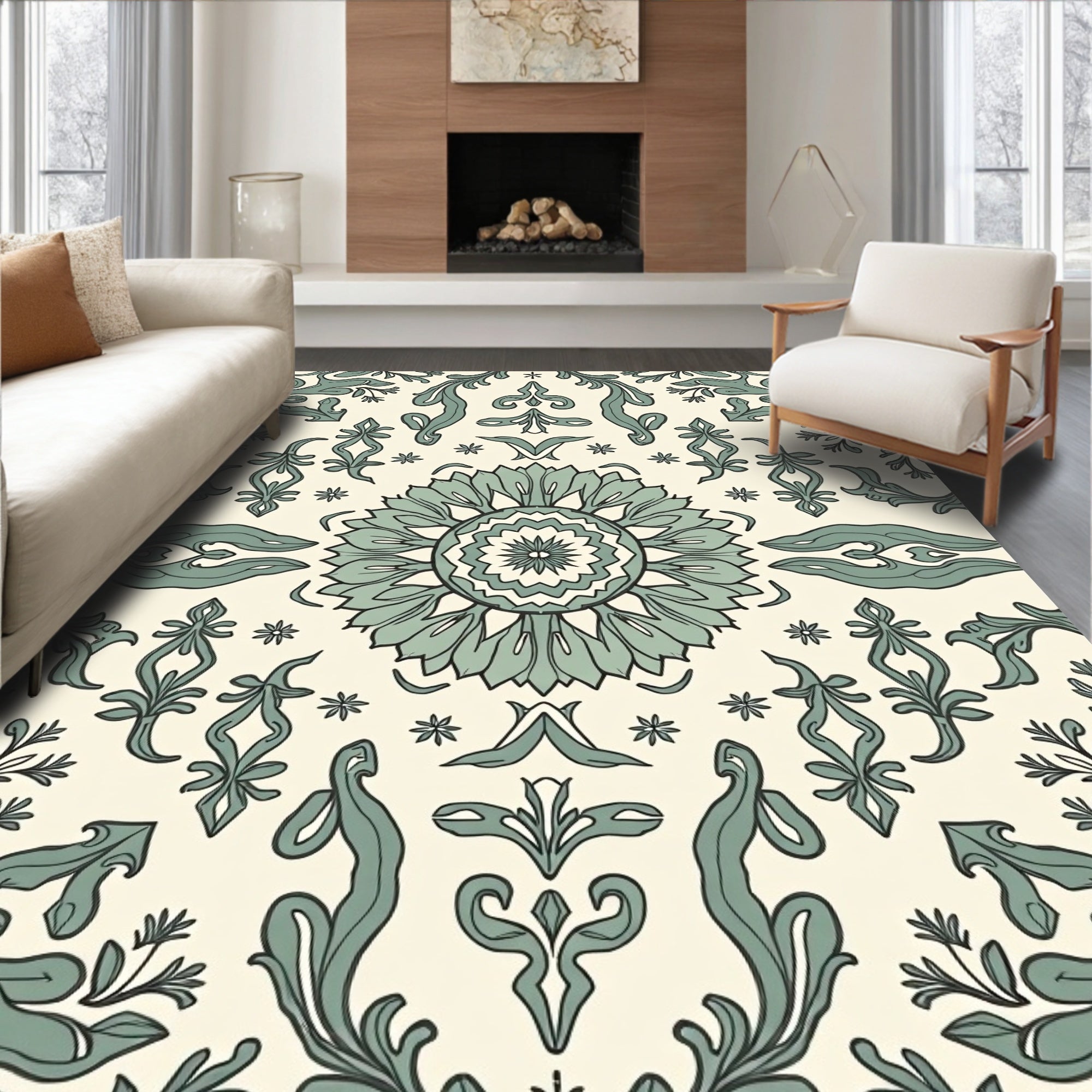 Damask Inspired Floral Scrollwork Design Rug