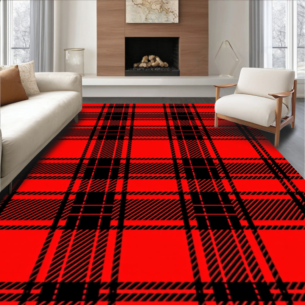 Bold Red and Black Plaid Pattern Rug