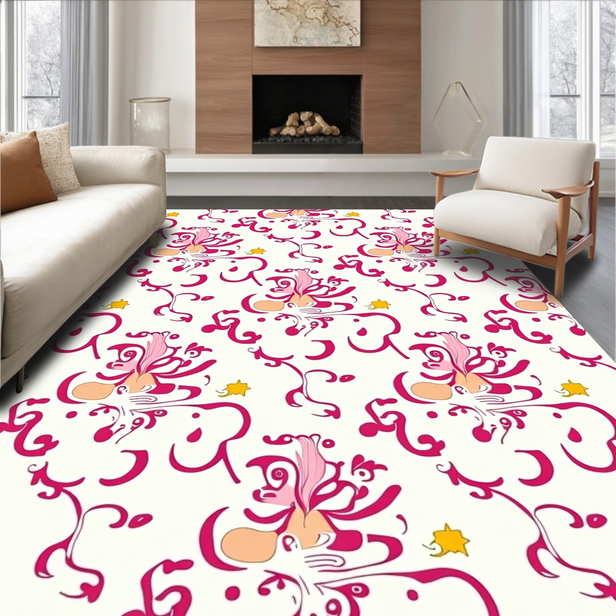 Whimsical Pink Floral Swirl Pattern Rug