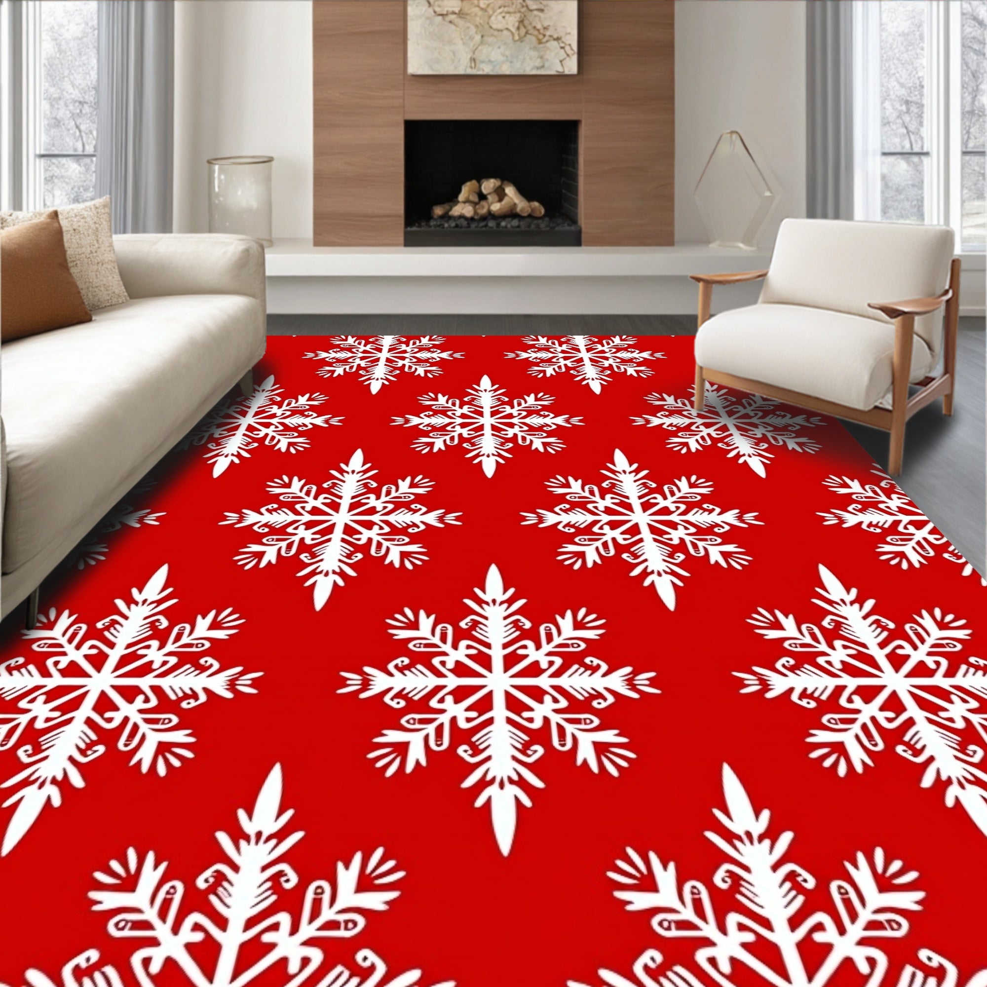 White Snowflakes On Red Surface Rug
