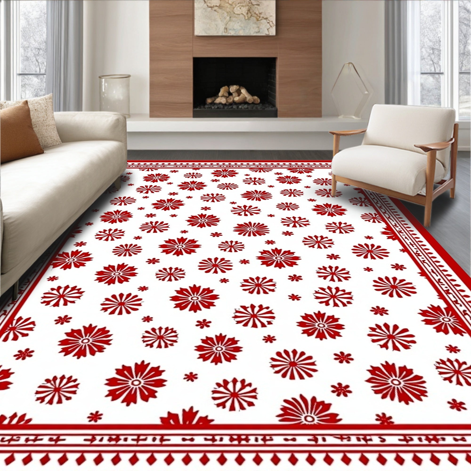 Red Floral All-Over Bordered Rug