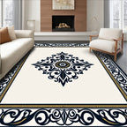 Ornate Floral Scrollwork Navy Gold Rug