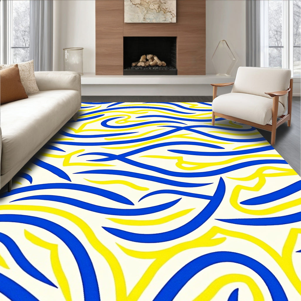 Intertwined Wavy Blue Yellow Strokes Rug
